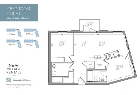 Floor plan for 2 beds, 2 baths, 807 sqft